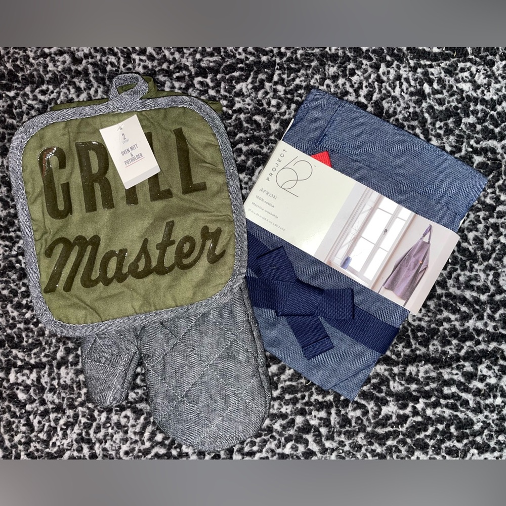 Grill Master Oven Mitt and Apron Set - Green and Blue